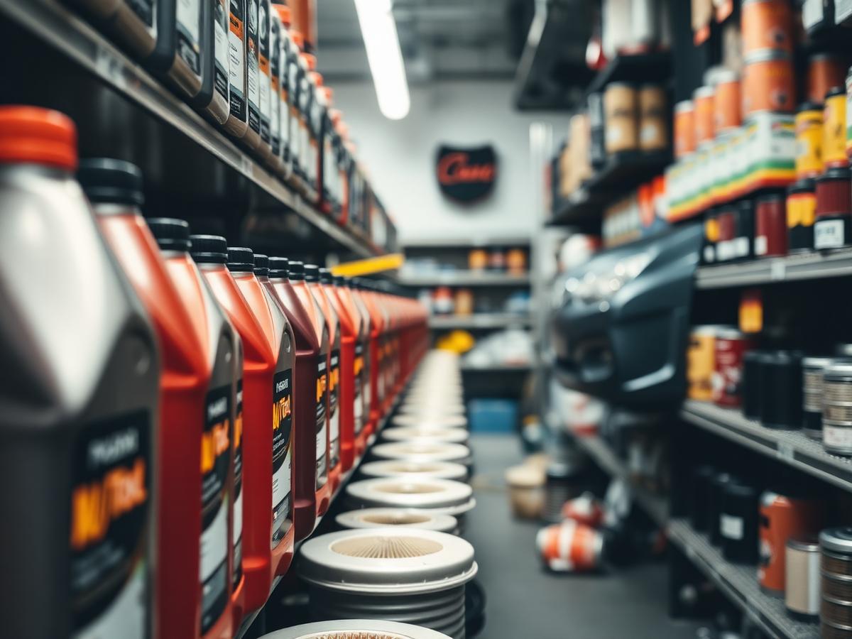 Prateleiras com óleos lubrificantes e filtros automotivos